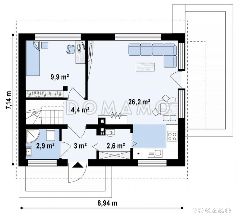 Проект компактного одноэтажного мансардного дома из кирпича с дополнительной спальней на первом этаже и тремя спальнями на мансарде / План 1 этажа