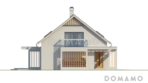 Проект одноэтажного мансардного дома из кирпича со стеклянным эркером в кухонной зоне, двумя балконами и гаражом / Фасад 2