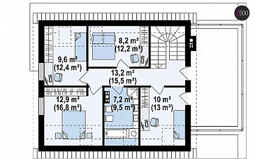 Проект одноэтажного мансардного дома из газобетона в современном стиле, с гаражом и террасой над ним / План мансардного этажа