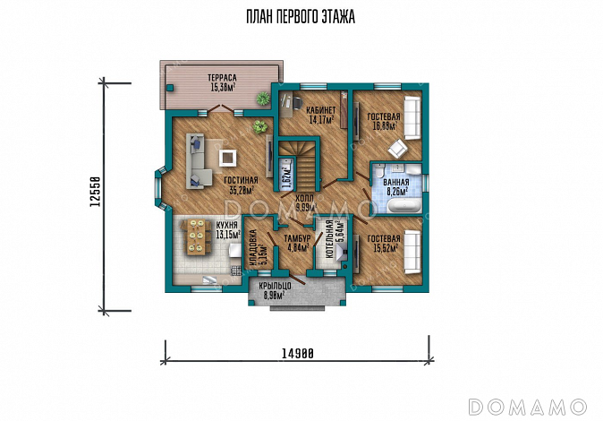 Проект одноэтажного дома с мансардой и террасой / План 1 этажа