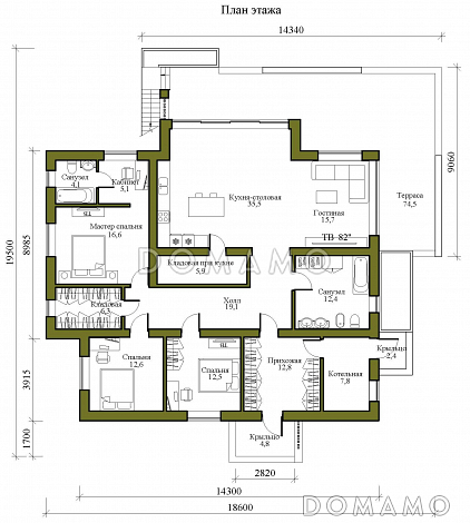 Проект одноэтажного просторного дома в стиле хай-тек с эксплуатируемой кровлей и просторной террасой / План 1 этажа