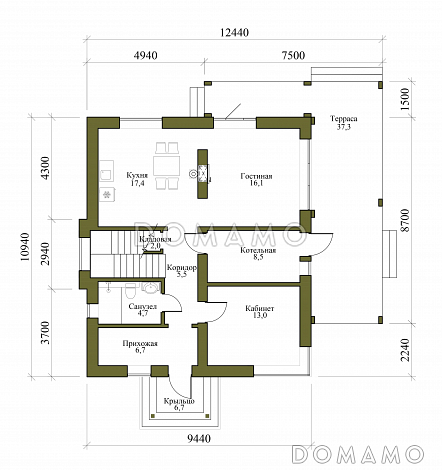 Проект каркасного двухэтажного дома с 4 спальнями и кабинетом / План 1 этажа