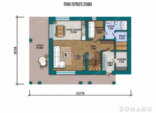 Проект двухэтажного дома с просторной гостиной и террасой / План 1 этажа