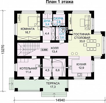 Проект дома из СИП панелей с панорамными окнами и натуральной черепицей / План 1 этажа