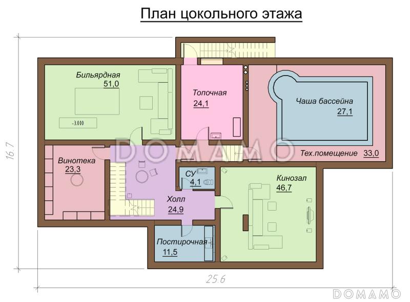 Проект большого двухэтажного коттеджа с зоной отдыха и бассейном на цокольном этаже / План цокольного этажа