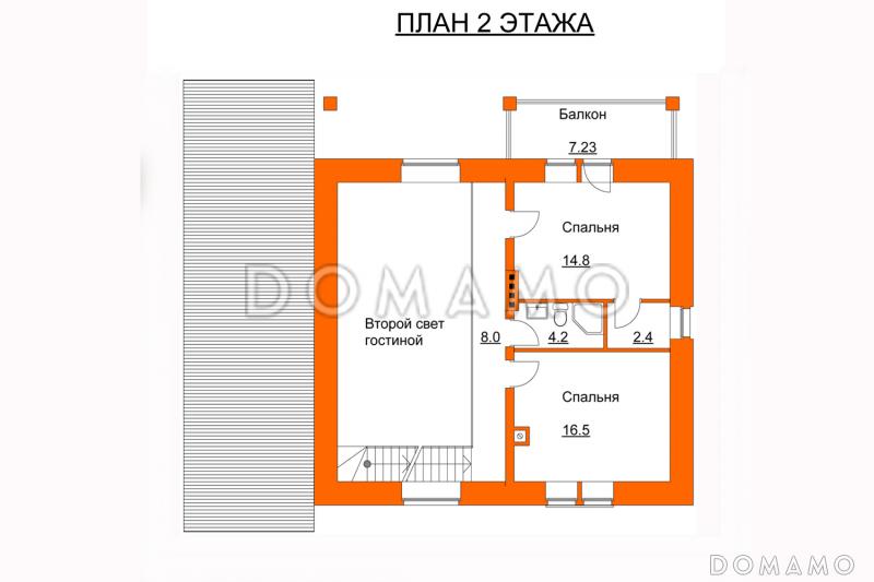 Проект дома с крытой террасой, спальней на первом этаже, балконом, вторым светом / План мансардного этажа