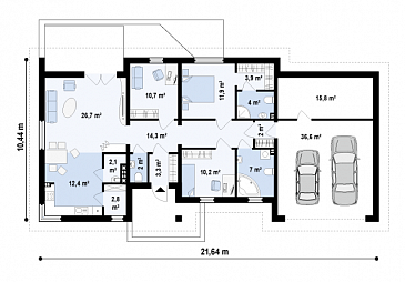 Проект одноэтажного дома из газобетона с большим встроенным гаражом на два автомобиля и мастерской  / План 1 этажа