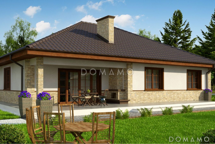 Проект одноэтажного дома из газобетона с тремя спальнями и небольшой крытой угловой террасой