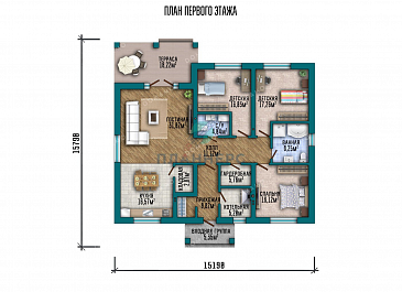 Проект одноэтажного дома с просторной террасой и гостиной / План 1 этажа
