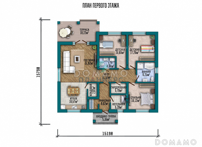 Проект одноэтажного дома с просторной террасой и гостиной / План 1 этажа