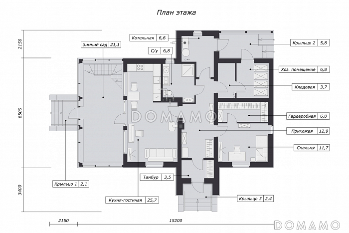 Проект дома с одной спальней, панорамным остеклением, зимним садом и чердаком / План 1 этажа