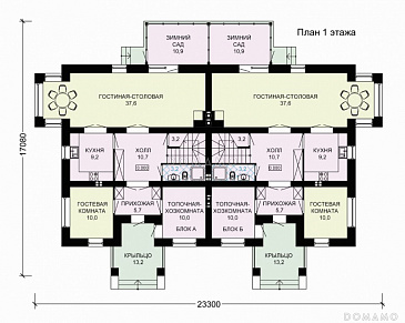 Проект двухэтажного дома для двух семей с зимним садом / План 1 этажа