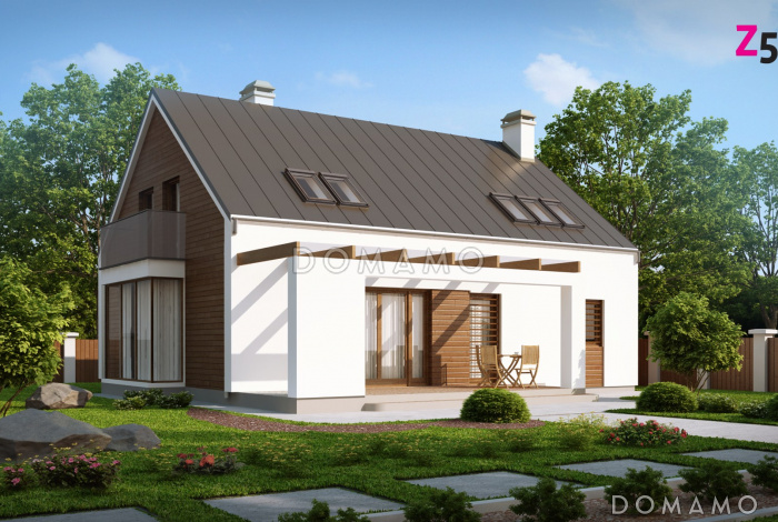 Проект одноэтажного мансардного дома из газобетона со стеклянным эркером в кухонной зоне, балконом над ним и гаражом