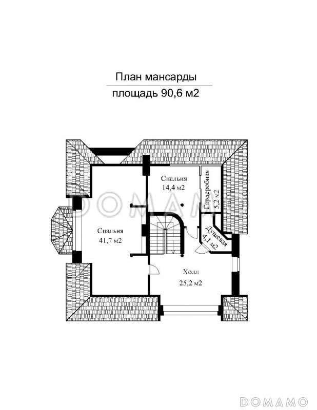 Проект импозантного особняка с гаражом на две машины, бассейном и тренажерным залом / План мансардного этажа