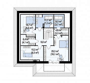 Проект мансардного дома из газобетона с четырьмя спальнями, необычным мансардным окном и гаражом  / План мансардного этажа