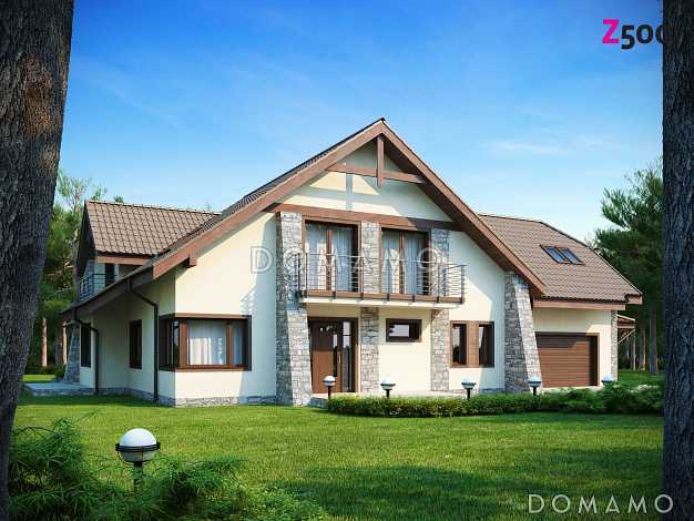 Проект просторного одноэтажного мансардного дома из газобетона с пятью комнатами, балконом и гаражом