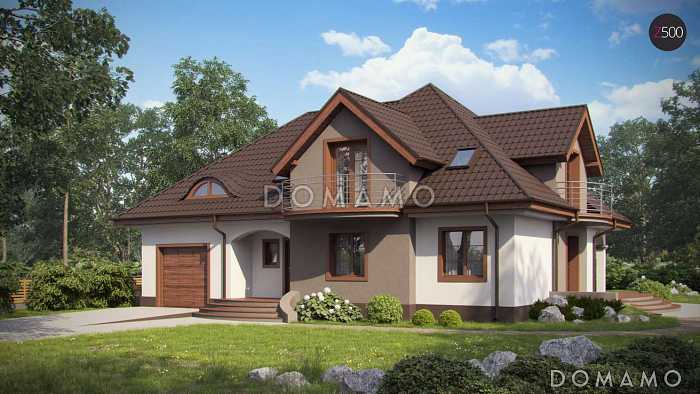 Проект одноэтажного мансардного дома из газобетона с двумя балконами, барбекю на террасе и гаражом 