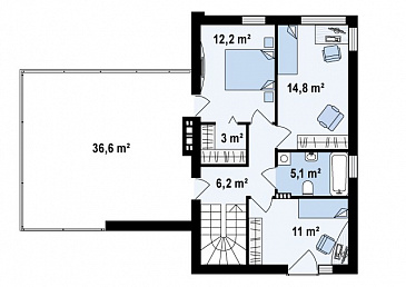 Проект современного двухэтажного дома из кирпича с тремя спальнями и террасой над одноместным гаражом / План 2 этажа