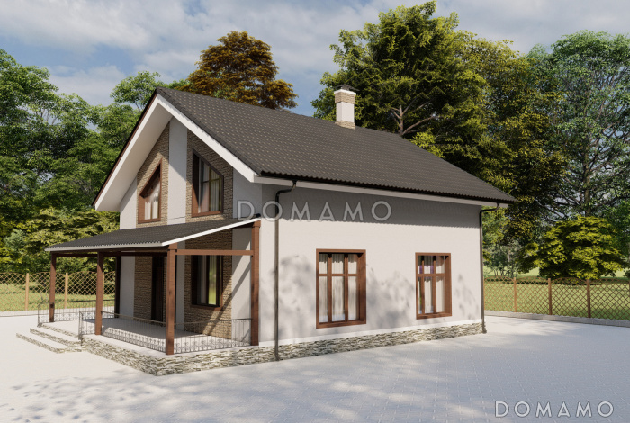 Проект двухэтажного дома с совмещенной кухней-столовой и гостиной, четырьмя спальнями и крытой террасой