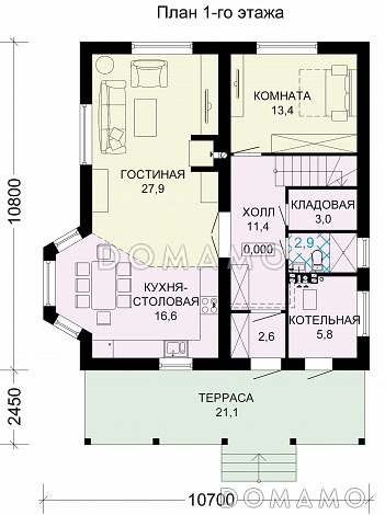 Проект загородного дома из пеноблоков с тремя спальными комнатами на мансардном этаже / План 1 этажа