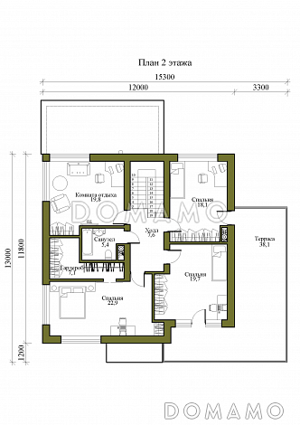 Проект двухэтажного дома с подвалом, гаражом и верандой / План 2 этажа
