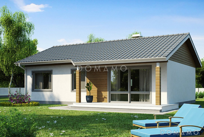 Проект компактного одноэтажного дома из кирпича с тремя спальнями и небольшой крытой террасой