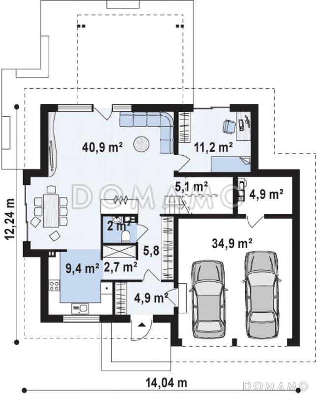Проект классического одноэтажного мансардного дома из газобетона с дополнительной спальней на первом этаже, с тремя балконами и гаражом на два автомобиля / План 1 этажа