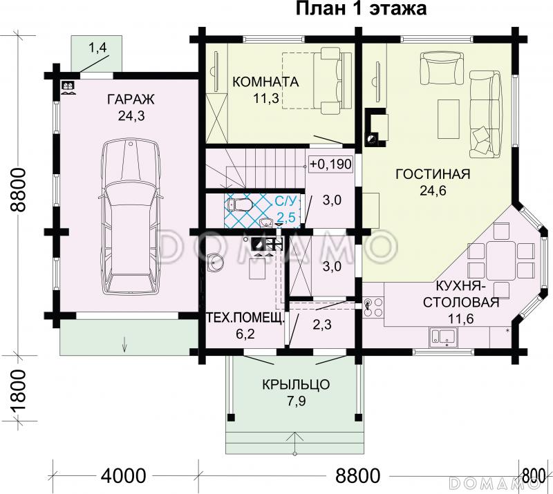 Проект дома из бруса с гаражом / План 1 этажа