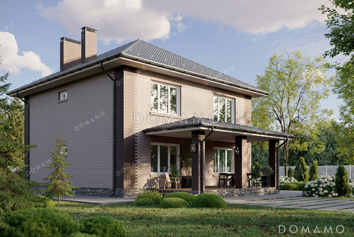 Проект двухэтажного дома с пятью комнатами и совмещенной кухней-гостиной