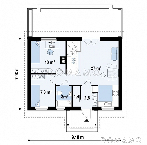 Проект одноэтажного мансардного дома из газобетона с четырьмя спальнями / План 1 этажа