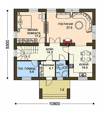 Проект двухэтажного дома с  небольшим кабинетом на втором этаже / План 1 этажа