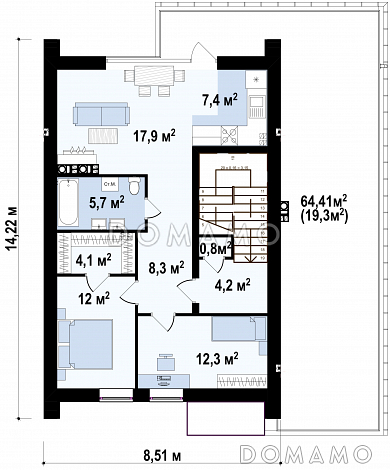 Проект современного двухэтажного дома из газобетона для двух семей, с гаражом и террасой над ним / План 2 этажа