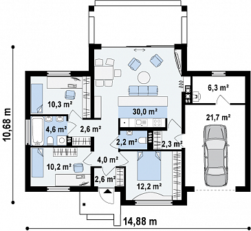 Проект одноэтажного дома из кирпича со встроенным гаражом / План 1 этажа