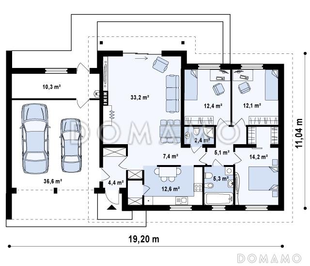 Проект одноэтажного дома из газобетона с гаражом на два автомобиля и отделённой спальной зоной / План 1 этажа