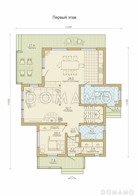 Проект современного каркасного дома с двумя террасами / План 1 этажа