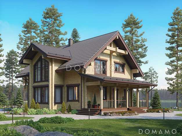 Проект дома из бруса с 4 спальнями, террасой, балконом и вторым светом