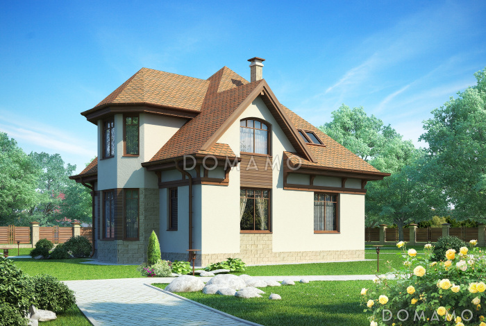 Элегантный дом с мансардным этажом, эркером, красивым крыльцом-террасой