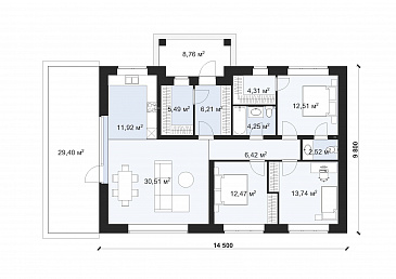 Проект одноэтажного дома с большими окнами S-108 / План 1 этажа