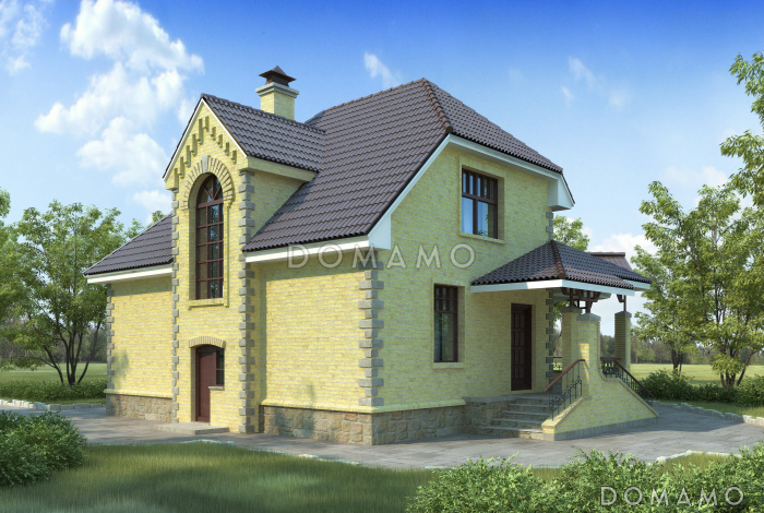 Проект коттеджа с вальмовой крышей и террасой.