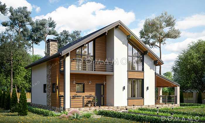 Проект дома с 4 спальнями, высокими окнами и крытой террасой