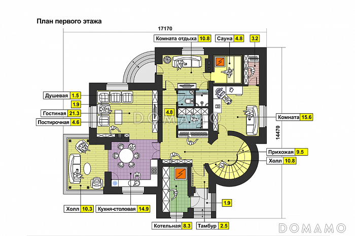 Проект дома с застекленным холлом, полукруглым крыльцом, сауной и четырьмя спальнями на мансарде / План 1 этажа