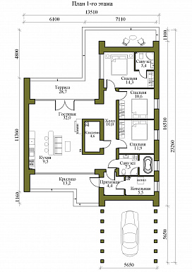 Проект одноэтажного газобетонного дома в стиле хай-тек с "живым" навесом / План 1 этажа