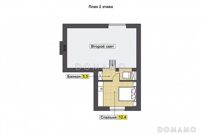 Проект дома с просторной крытой террасой с барбекю, гостиной с кухней-столовой, сауной и душевой, вторым светом и спальней на мансарде / План мансардного этажа