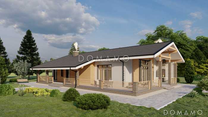 Проект одноэтажного кирпичного дома с сауной, просторной террасой и барбекю