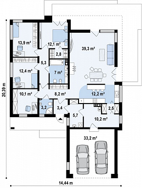 Проект просторного современного одноэтажного дома из газобетона с тремя спальнями, кабинетом и гаражом / План 1 этажа