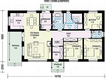 Проект одноэтажного кирпичного дома с тремя спальнями и сауной / План 1 этажа