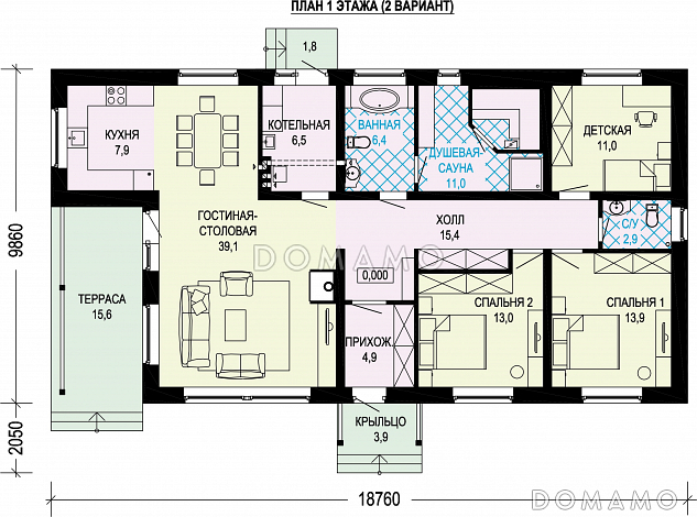 Проект одноэтажного кирпичного дома с тремя спальнями и сауной / План 1 этажа