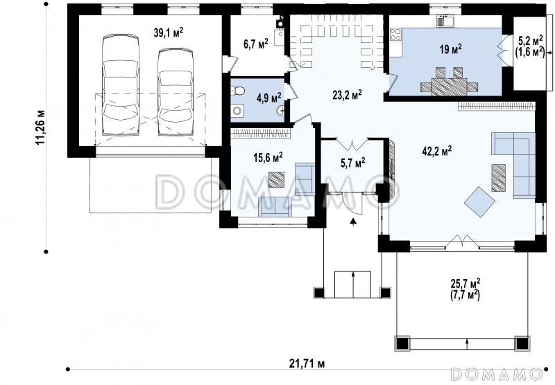 Проект просторного двухэтажного дома из газобетона с четырьмя комнатами, гаражом и террасами на обоих уровнях / План 1 этажа