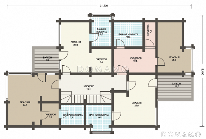 Проект двухэтажного дома из клееного бруса с парной и навесом для авто / План 2 этажа