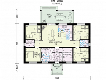 Проект одноэтажного дома из поризованного камня с мастер-спальней, кладовой и кабинетом / План 1 этажа